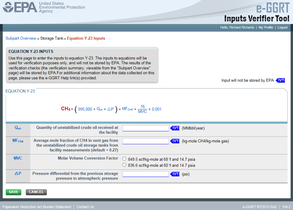 Subpart Y: Step 3 - Equation Y-23 Inputs in e-GGRT IVT